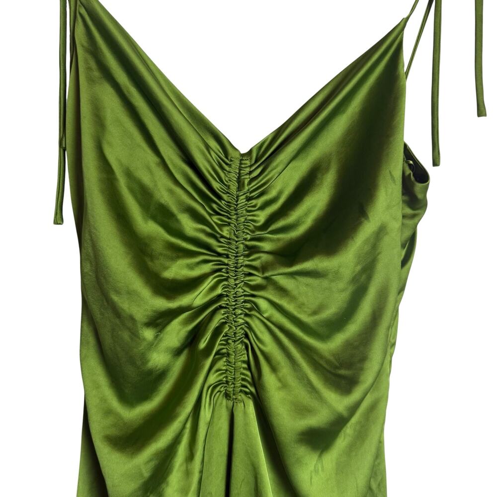 Sandro Zola Green Satin Ruched Front Tie Strap Slip Cocktail Midi Dress Size 4 - Picture 7 of 15